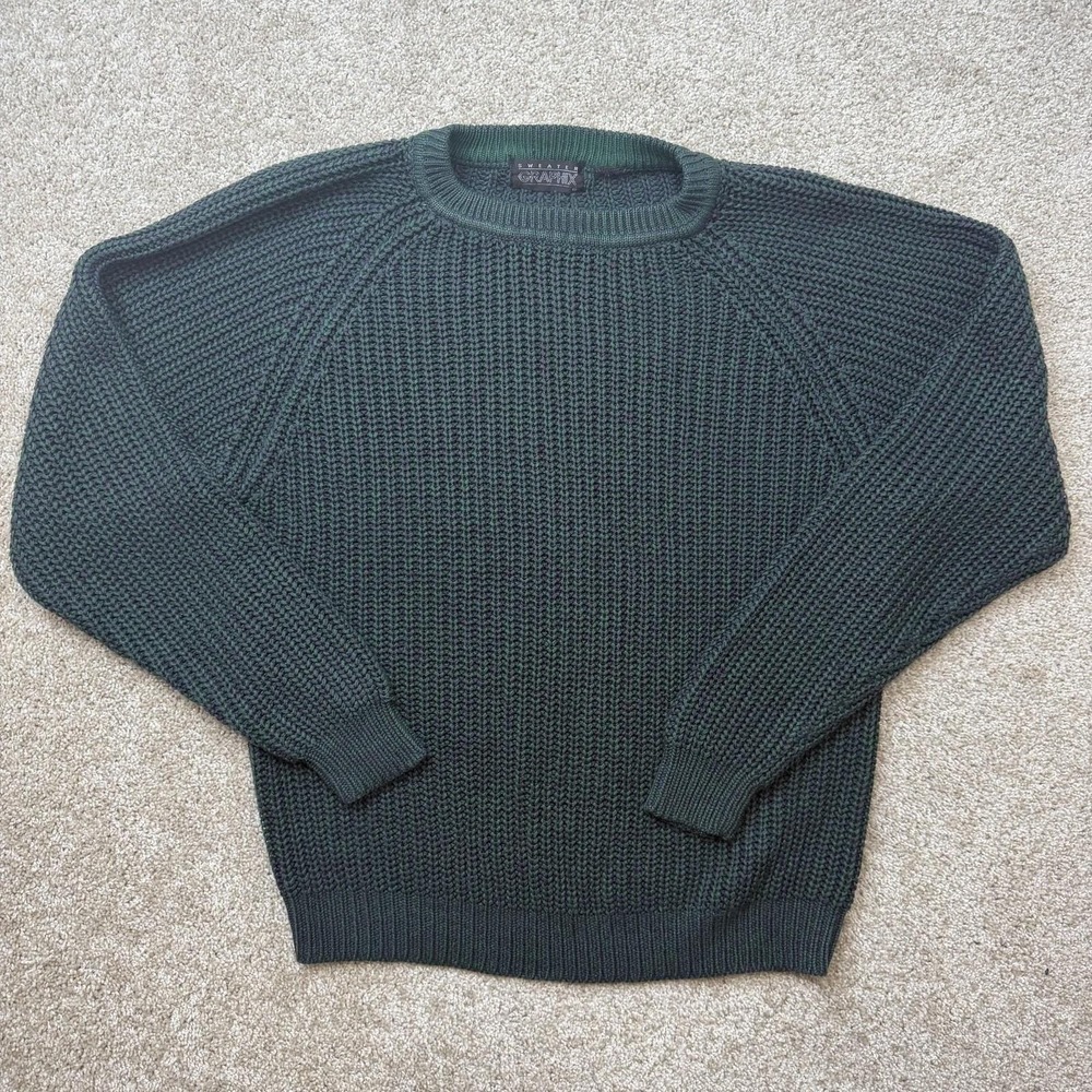 Vintage Graphix Sweater Mens Large Green Waffle Knit Crewneck Heavyweight